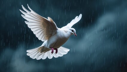 A white dove flying with its wings spread wide open in the rain against a dark cloudy background