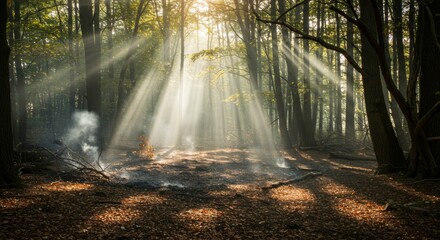 Naklejka premium Sunbeams Illuminate Misty Autumn Forest