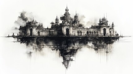 Ink wash painting of a grand palace with reflection, intricate details