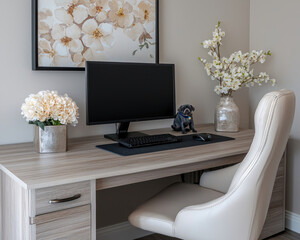 Elegant home office setup featuring a desk, computer, and decorative elements