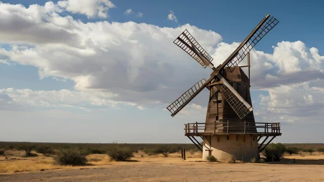 Old wooden windmill standing in the dry vast desert landscape under cloudy sky. Travel concept