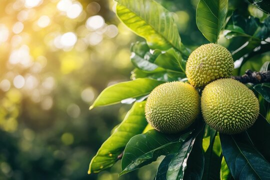Closeup of breadfruit on tree surrounded by lush green leaves in a tropical setting, Closeup of bread fruits on tree with lush green leaves in sunlight