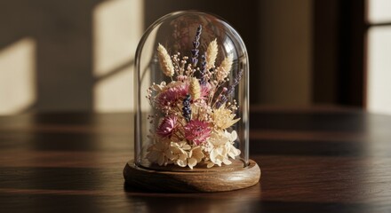 Dried Flower Arrangement Under Glass Dome on Wooden Base