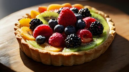 Delicious fruit tart with fresh berries and kiwi on wooden surface. Desset cake - Powered by Adobe