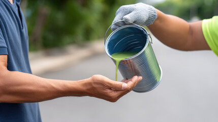 Person pours green paint onto another's hand from a silver paint can