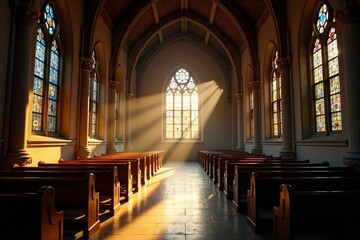 Tranquil church interior, sunlight streaming through stained glass windows , religious, sanctuary, spirituality