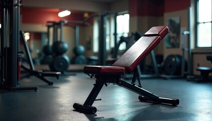 Fototapeta premium A sturdy press bench sits in a well-lit gym, ready for use , bench, gym