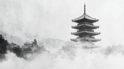 Japanese pagoda amid misty landscape, a monochrome vision. Serene, spiritual, and tranquil