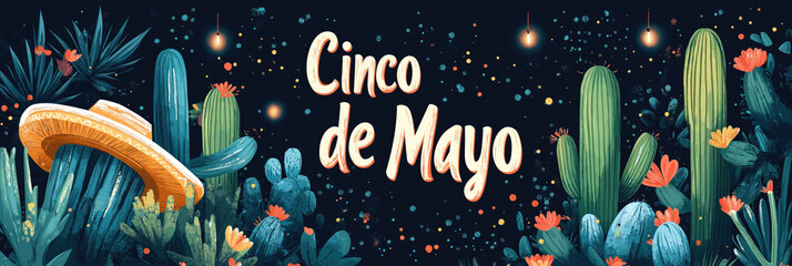 Festive Cinco de Mayo illustration featuring cacti, sombrero, and vibrant flowers