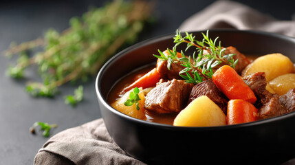 A hearty stew, rich with meat, carrots, and potatoes, garnished with herbs