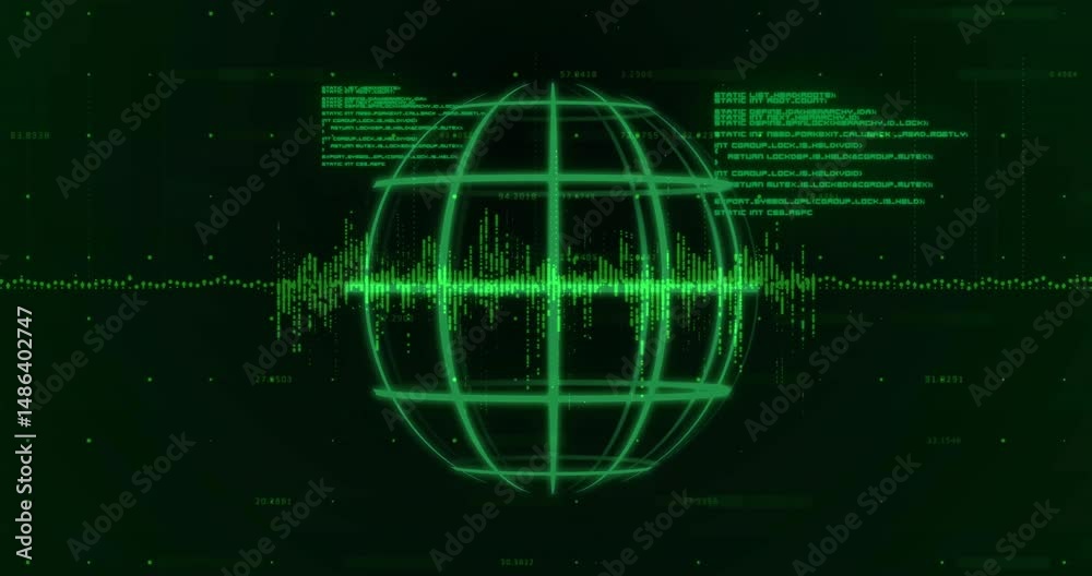 Aufkleber 3d wireframe globe rotating in dark green interface, showing waveform graph, streaming code text