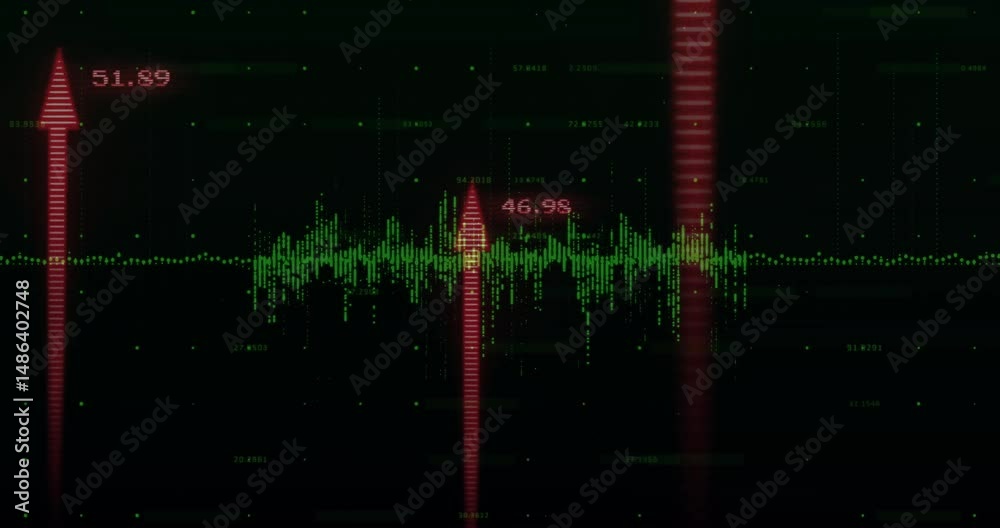 Poster green waveform rising on dark data dashboard, showing red arrow overlay and floating numeric labels