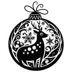 Ornamental Black and White Bauble with Deer, Snowflakes, and Swirling Details