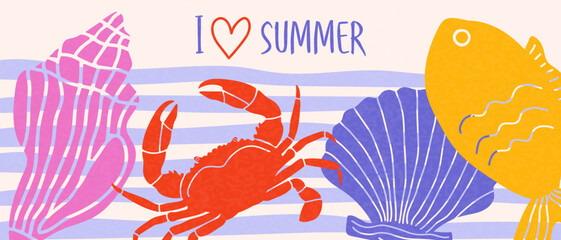 I love summer, creative banner or poster with hand drawn sea attributes.