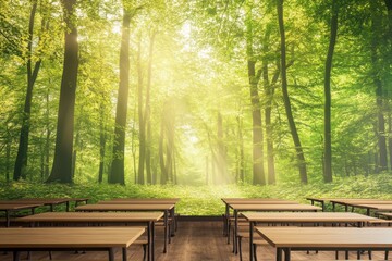 Classroom designed with a spring forest theme creating a peaceful learning environment, Classroom with a spring forest theme, Seamless ing Photo background