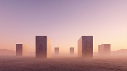 Obraz premium Cubes stand in a misty landscape under a soft pastel sky.
