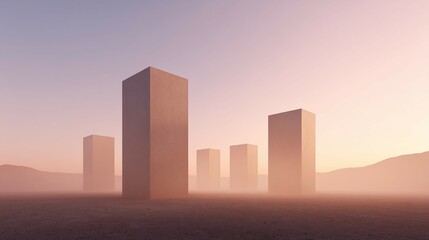 Obraz premium Tall rectangular structures stand in a hazy landscape under a soft colored sky.