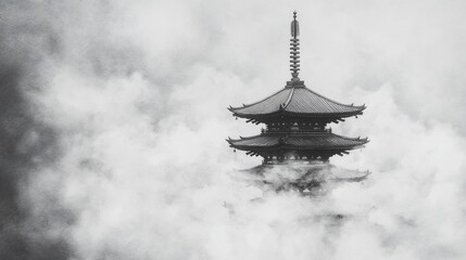 Japanese pagoda emerges from a sea of clouds. Monochrome, serene architecture. Elegant, historic structure