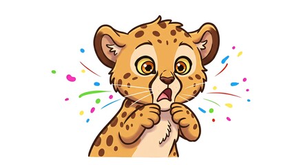 Surprised Cheetah Cub Illustration with Burst of Colorful Confetti for a Celebration of Success