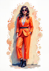 Fototapeta premium Confident woman in orange suit posing against a colorful background 