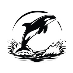 Orca Whale Leaping Silhouette with Splashing Water and Crescent Moon Design