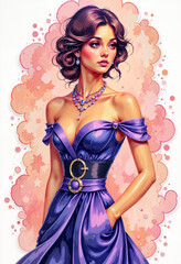 Elegant woman model wearing purple gown with jewelry and curls  