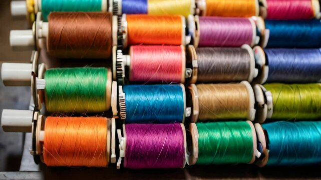 Colorful spools of thread forming a vibrant textile palette. Craft concept
