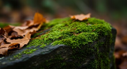 Closeup of Lush Green Moss on Dark Rock with Brown Autumn Leaves
