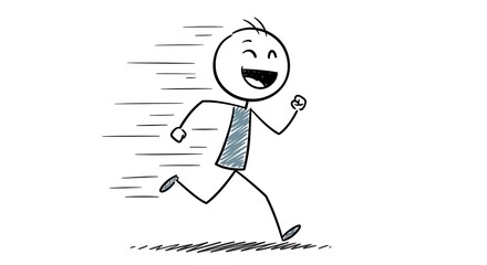 Cheerful stick figure dashing forward with energy, conveying speed and motion
