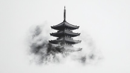 Japanese pagoda emerges from swirling gray clouds, black and white