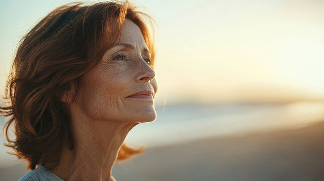 Close-up of mature woman looking up with hope, at sunset. Golden light bathes her face