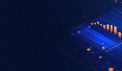 Abstract digital graphic design of interconnected data, charts, and lines in vibrant blue and orange on dark background. Complex system of overlapping geometric shapes and glowing elements 