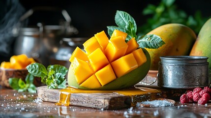 Juicy mango half, diced, and fresh. Served on wooden board with leaves, and other fruits