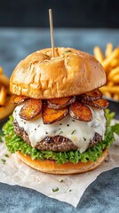 Juicy burger with cheese, sweet potato, lettuce, sesame bun, and fries