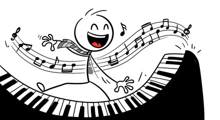 Energetic stick figure playing piano with musical notes, radiating joy and rhythm