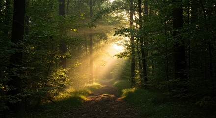 Obraz premium Sunlit Path Through Misty Green Forest