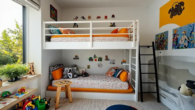 Colorful children's bedroom with bunk beds, playful decor, and vibrant wall art, filled with toys