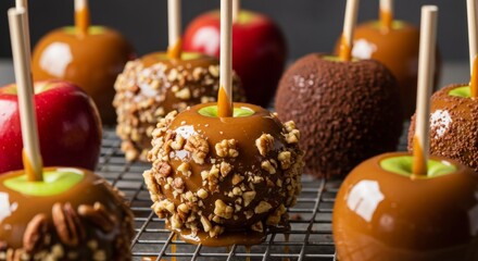 Caramel Apples with Pecans and Chocolate on Wire Rack