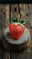 Juicy red strawberry with green leaves and water droplets on a wooden stump. Rustic, close-up shot