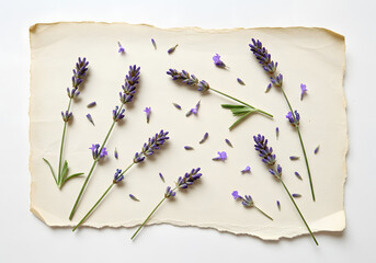 Lavender sprigs and flower petals on parchment paper, flat lay