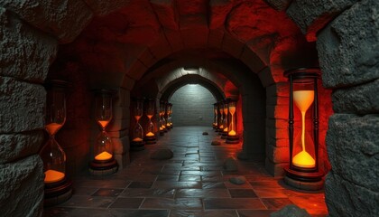 Stone tunnel hourglasses: time, countdown, history, passage, deadline, ancient