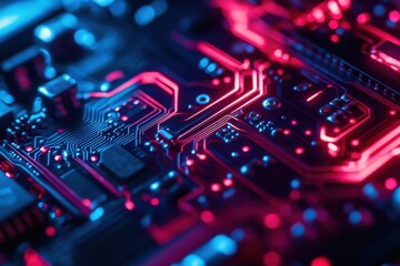 Obraz premium Glowing circuit board close up showcasing intricate designs in vivid red and blue colors, Closeup image of glowing circuit board in red and blue colors, indicating technology electronics