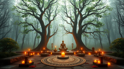 Creative depiction of meditation spaces surrounded sacred trees candles and incense