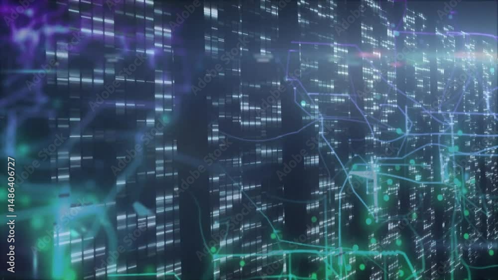 Poster abstract network showing glowing data panels and neon circuits connecting nodes under lens flare
