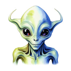 alien, ufo, space alien man with big eyes, watercolor illustration. artificial intelligence generator, AI, neural network image. background for the design