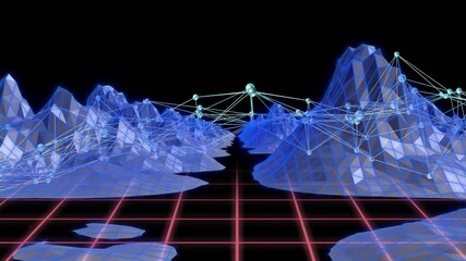 Digital wireframe terrain being animated, featuring neon grid floor and glowing network graph - Powered by Adobe
