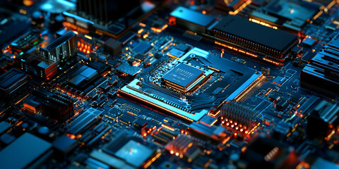 Close-Up of a Futuristic Circuit Board with Glowing Components, Detailed View of an Advanced Electronics Chip with Neon Highlights, electronic circuit board
