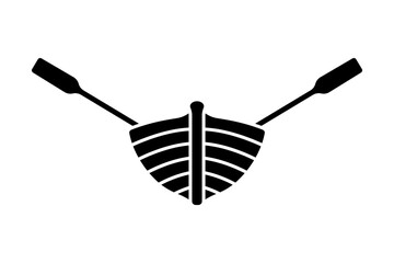 Boat with oars. Black silhouette. Front view. Vector simple flat graphic illustration. Isolated object on white background. Isolate.