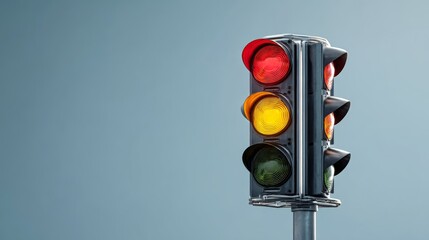 Traffic light glowing red and yellow on pole against clear blue sky background.