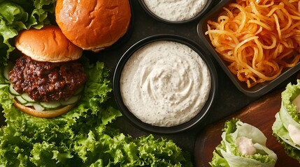 A premium tabletop spread featuring handcrafted burgers creamy onion dips and fresh lettuce wraps overlay cut out on isolated transparent removed background